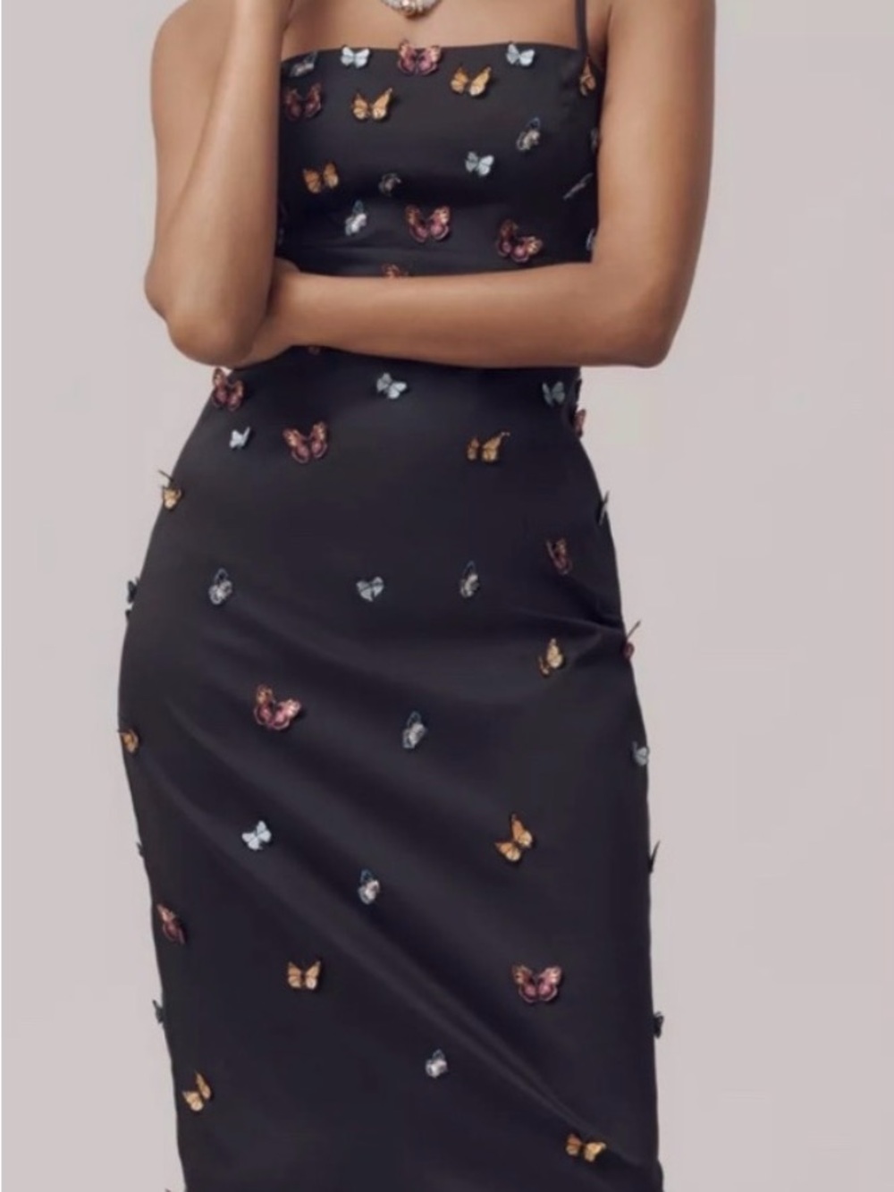 Maeve Brynne Strapless Midi Dress with Multicolor Butterfly Appliqués